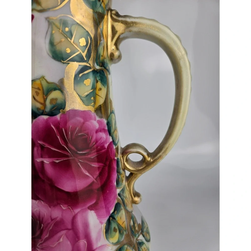 Vintage Hand Painted Rose‎ Porcelain Pitcher Gold Gilt Trim Wow!